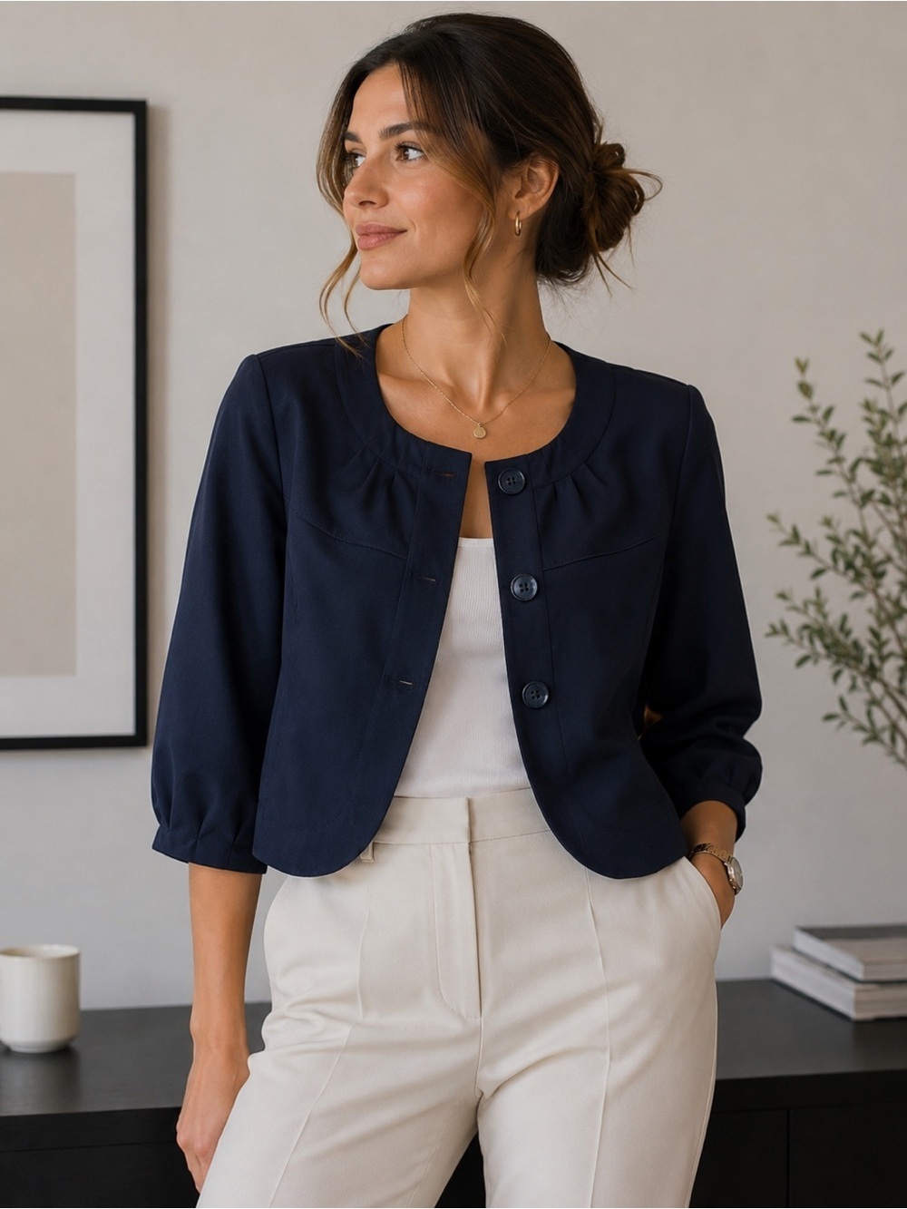 Olsen Europe Navy Blue Cropped Blazer Size 4 Office Lightweight Workwear
